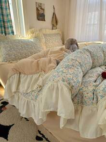 四件套花卉蕾丝床上用品，柔软舒适，透气柔软，四季皆宜。套装包含：1个被套、1个床单、2个枕套（不含填充物），适用于卧室、宿舍、家庭使用，多种尺寸可选。 - 淡綠 - 查看 7