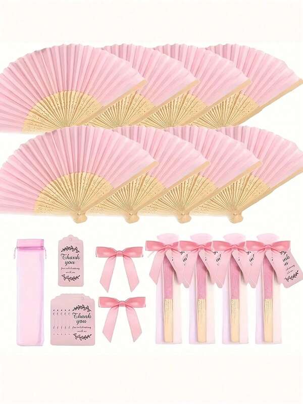 40/20/12/4pcs Pink Wooden Folding Fans Gift Bag Set, Thank You Cards, Bride Bamboo Hand Fans, Single Party Wedding Bride Party Decor, Bridesmaid Bamboo Hand Fans, Single Party Photo Props, Bridesmaid Gifts And Wedding Decor, Perfect Wedding Gifts, Wedding Decorations, Ideal For Parties And Events, Ladies Folding Fans