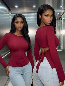 Women's Casual Solid Color Drawstring Waist Fitted T-Shirt, Suitable For Summer And Spring Seasons, Summer And Spring Clothing, Summer And Spring Tops, Summer And Spring Apparel, Outdoor Tops, Women's Casual Blouse - Burgundy - View 2