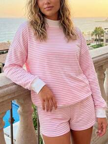 Conjunto de dos piezas a rayas para mujer, pantalones cortos Y2K, sudadera holgada de manga larga con cuello alto, jersey y pantalones cortos, chándal de primavera y otoño, ropa de estar por casa - Rosa - Ver 4