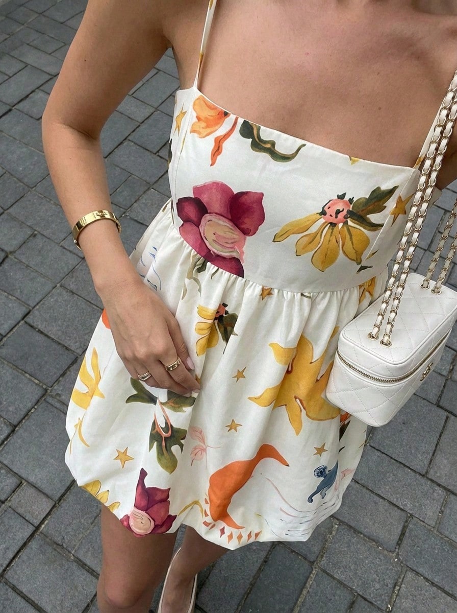 Buzzelle 休闲可爱度假风碎花吊带荷叶边连衣裙派对装 - 白色 - 查看 1