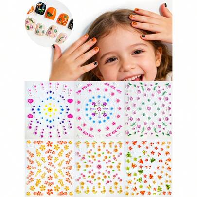 6 piezas de pegatinas de arte de uñas lindas y frescas para niños, con patrones florales y de corazones suaves, fáciles de aplicar, adecuadas para uso diario, fiestas, uñas DIY, para crear diseños de uñas adorables y encantadores