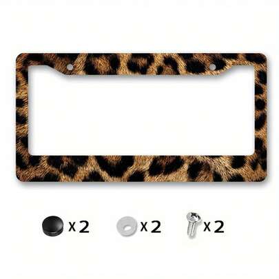 Leopard Print Metal License Plate Frame, New Year Outdoor Car Decoration,Car Acessesories,Rust-Resistant And Smooth Surface, Includes Screws, Suitable Forhalloween Decor,Fall Home Decor,Cute Car Accessories