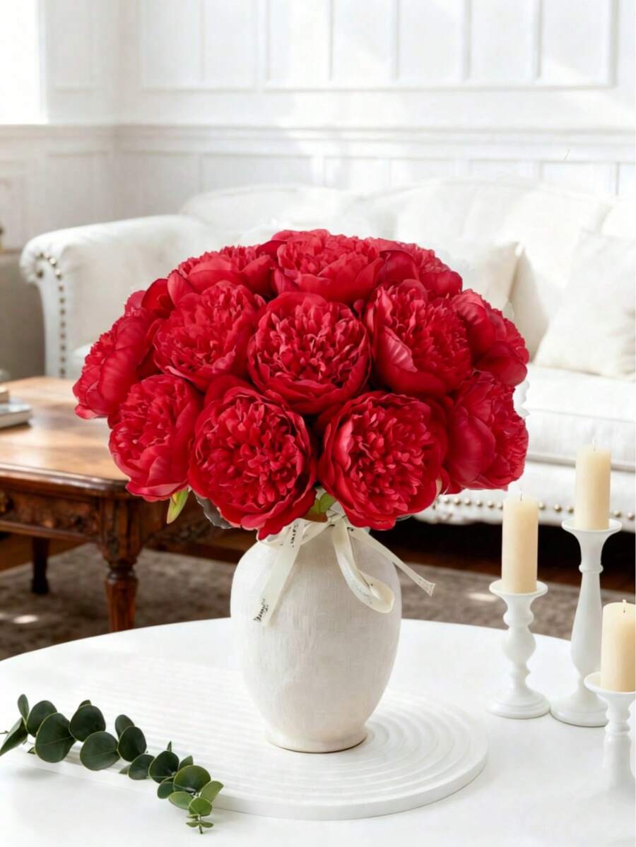MEHELANY 5pcs Artificial Red Peony Flowers, Silk Peony Flowers Suitable For Wedding, Home Decor, Office, Party, Tabletop Decor, DIY Bridal Bouquet, Arch Decoration, Indoor/Outdoor Spring Floral Decor, Valentine's Day, Mother's Day, Anniversary Gift, Women, Mother Gift, Spring/Summer Outdoor Party Decor - Red - View 1
