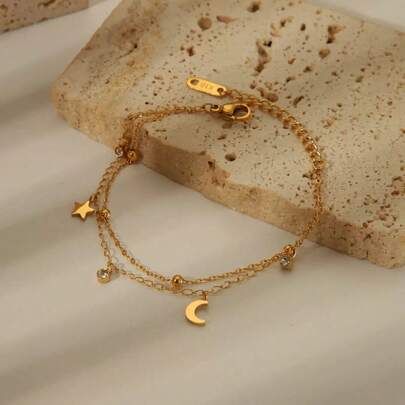 1pc Fashion Versatile Cute Star & Moon Design Double-Layer Stainless Steel Hypoallergenic Chain Bracelet For Women