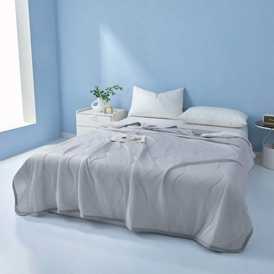 1 Peça Edredom de Verão Leve, Fresco, Confortável, Toque Macio, Cor Sólida, Lavável em Máquina, Poliéster, Adequado para Uso no Quarto e Quarto de Hóspedes o Ano Todo (Travesseiro e Fronha Não Incluídos) - Padrão ondulado - cinza claro - Visão 1