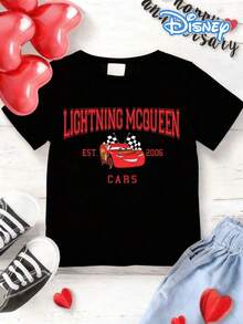 Disney Black Background Cars Lightning McQueen Print Kids' Short Sleeve T-Shirt - Playful And Cute Racing Style Top - Black - View 7