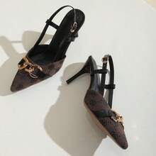 Zapatos de salón para mujer con tacón de aguja, punta abierta, hebilla dorada y sandalias de tacón alto estampadas. - marrón café - Ver 10