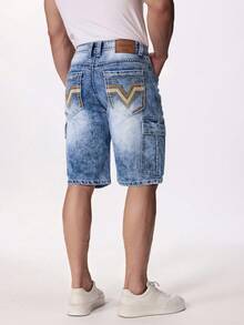 ESDVQ Quần short denim nam nhiều túi, quần short Bermuda cargo co giãn thêu họa tiết. - Rửa trung bình - Xem 6