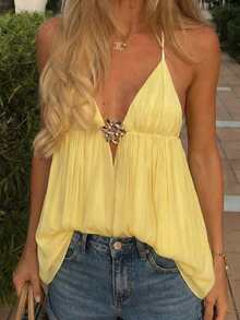 Áo croptop dáng chữ A không tay rộng rãi dành cho nữ, có khóa kim loại, thích hợp cho các dịp thường nhật, nghỉ mát, đi biển, tiệc trà chiều mùa hè. - Màu vàng - Xem 2