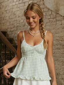 Womenacute;s Summer Casual Camisole Solid/Plaid Sleeveless Deep V Neck Ruffle Hem Sling Vest - Cuadros verdes - Ver 2
