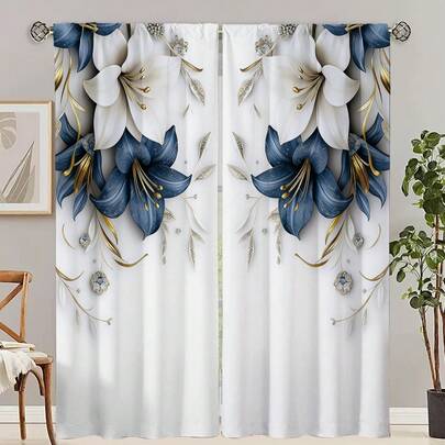 2 piezas Cortinas elegantes azul y blanco con diseño plano 2D con acentos dorados, sin ojales, para dormitorio, oficina, cocina, sala de estar, estudio, decoración del hogar