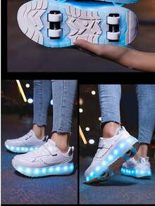 Teens' Wheeled Shoes, Roller Skate Shoes, Four-Wheel Skate Shoes, Small Four-Wheel Shoes, LED Rechargeable Luminous Shoes, Skateboard Shoes - White - View 2