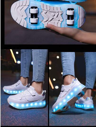 Teens' Wheeled Shoes, Roller Skate Shoes, Four-Wheel Skate Shoes, Small Four-Wheel Shoes, LED Rechargeable Luminous Shoes, Skateboard Shoes