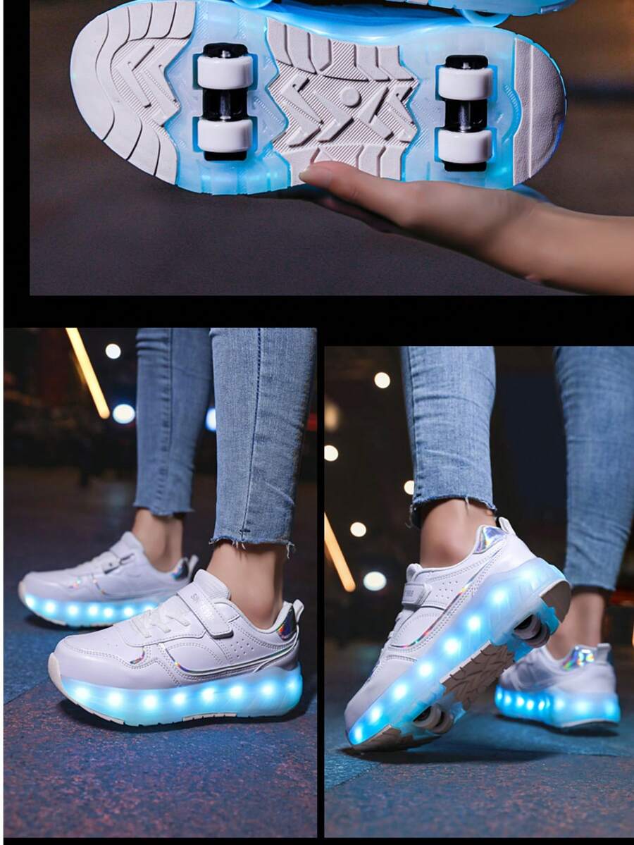 Teens' Wheeled Shoes, Roller Skate Shoes, Four-Wheel Skate Shoes, Small Four-Wheel Shoes, LED Rechargeable Luminous Shoes, Skateboard Shoes