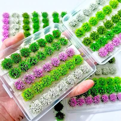 49片/盒 DIY迷你彩色花簇自粘花卉植物组静电草丛，适用于火车景观铁路场景沙景军事布局模型微缩底座和立体模型