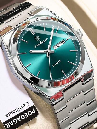 GUANQIN 1 pieza Reloj de inoxidable luminoso y resistente al agua con pantalla de fecha y día, reloj de pulsera de cuarzo casual, adecuado para que los hombres lo usen en Halloween, Navidad, Día del Padre, cumpleaños, vuelta al colegio, estudiante, vacaciones, San Valentín, citas, negocios, diario, regalo, festival de música, temporada de bodas y otras ocasiones