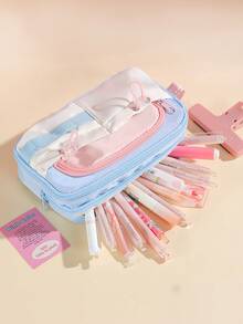 1个装撞色大容量糖果可爱学生铅笔盒，多层隔层设计，可收纳文具、计算器、笔记本等，适合学校、办公室、旅行——学生、职场人士、男女皆宜，文具收纳盒，多功能收纳盒，安全拉链封口，铅笔袋 - 多色 - 查看 5