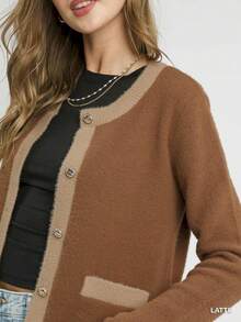 Womens Casual Classic Elegant Contrast Trim Button Front Sweater Round Neck Long Sleeve Patch Pockets Cropped Length Fall Winter Daily Wear Brown Tan Professional Office Outerwear - LATTE - 查看 4