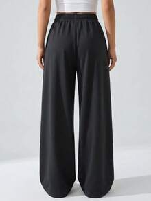 Women Wide Leg Soft Touch High Quality Fabric Drawstring Detailed Pant Bottom - Dark Grey - View 2