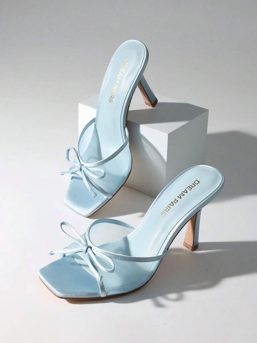 Women Fashion Stiletto Mule Sandals With Bow Mesh Decorative, Open Toe Mesh Breathable Slip-On Summer High Heel Sandals For Daily Party Wedding Wearing - Màu xanh nhạt - Xem 1