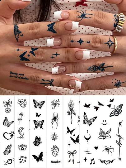 6pcs Herbal Juice Semi-Permanent Tattoos, Cute Mini Butterfly, Star, Heart Wing Designs, Y2K Temporary Tattoos, Party Favors, Daily/Party/Holiday Gifts, For Finger, Leg, Arm, Wrist, Ear, Shoulder, Neck, Collarbone, Waterproof Skin Tattoo Stickers