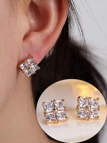 1 Pair Women's Earrings, Fashionable Geometric Square Synthetic Zirconia Earrings, Elegant Niche New Design Versatile Earrings Suitable For Women's Daily Wear - Earrings - View 8