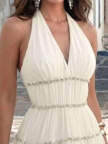 Women's Elegant White Halter Rhinestone Ruched Waist Flared Mini Dress, Chic Sexy Party Dress, Glamorous Vacation Outfit - Apricot - View 7