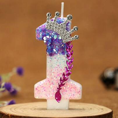 1pc Number Birthday Candles, Crown Birthday Cake Candles, Purple And Pink Glitter Cake Decorations, Suitable For Girls And Ladies' Anniversary Celebration Supplies