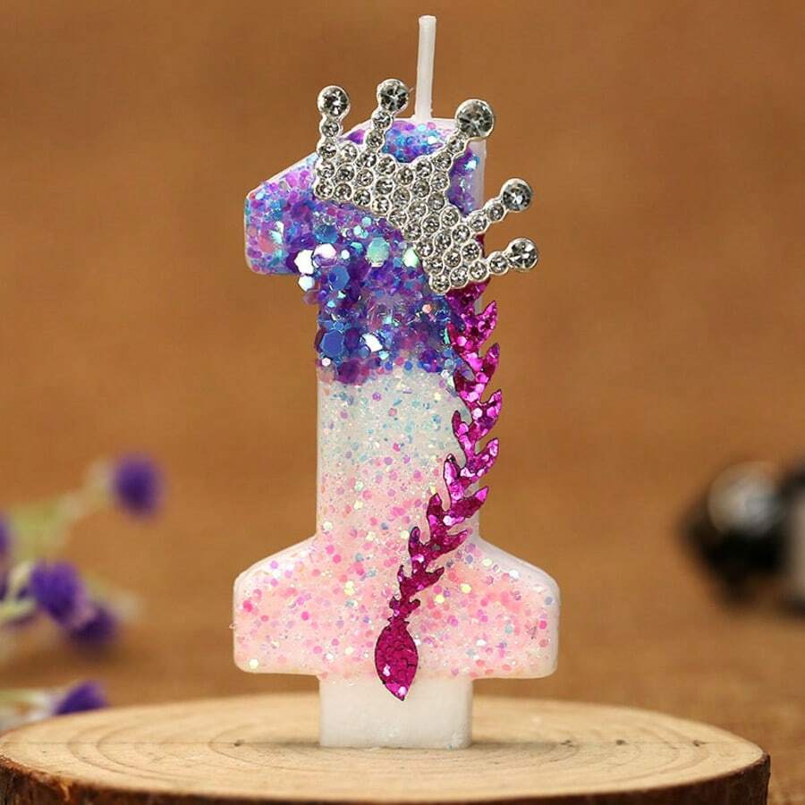 Numeric Birthday Candle, Crown Cake Candle, Purple And Pink Glitter Cake Decorations For Anniversary Celebration