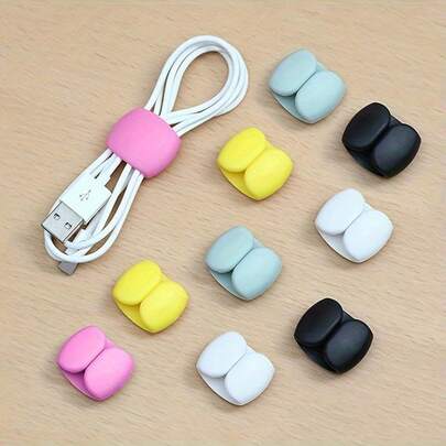 5 piezas Organizador de cables multicolor - Clips de plástico duradero de color suave y negro, compatibles con cables Tipo-C/Lightning/Micro-A para auriculares, cargadores, tabletas, teléfonos inteligentes, portátiles (rosa, amarillo, blanco, gris)