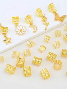 36pcs Bohemian Style Golden Braided Hair Accessories, Flower & Butterfly Metal Pendant Fashionable Hair Rings - Gold - View 4