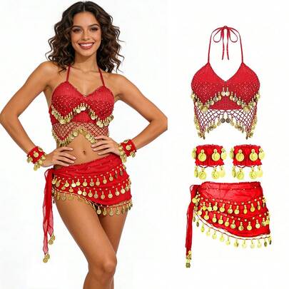 طقم مكون من ملابس علوية علوي مزين بالترتر واللؤلؤ مع تنورة خصر مزينة بالأقمشة المعدنية الملونة والبريق، وسوار معدني ملون من القطع المعدنية والشيفون، مناسب لرقص البطن والحفلات والشاطئ والطراز البوهيمي الفاخر