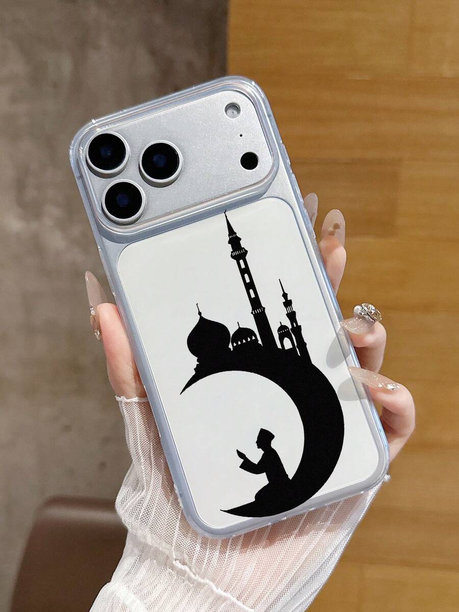 1pc Ramadan Mosque Silhouette, Crescent Moon & Praying Figure Soft TPU Shockproof Phone Case, Islamic Religious Festival Phone Case, Compatible With IPhone 11/12/13/14/15/16/16 Plus/17/17 Pro/17 Pro Max And Galaxy S24 Ultra/S25 Ultra/A14/A17, Suitable For Muslims, Ramadan Gifts And Daily Use - Clear - View 1