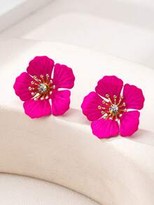 1 đôi bông tai đính đá hình hoa thời trang, thích hợp cho kỳ nghỉ và đeo hàng ngày. - Màu Hồng Tươi - Xem 2