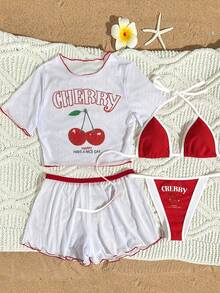 4件套女士高弹力水果樱桃印花系带比基尼泳衣，甜美可爱风格，适合度假、派对、海滩度假等夏季场合。 - 紅色 - 查看 1