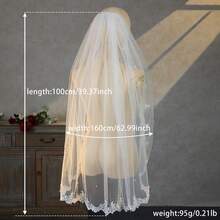 Véu de noiva curto em tule macio (1 peça), minimalista, de camada única, com bordado floral em renda e pérolas artificiais, ideal para cerimônias de casamento ao ar livre, festas, verão e praia. - Multicolorido - Ver 5