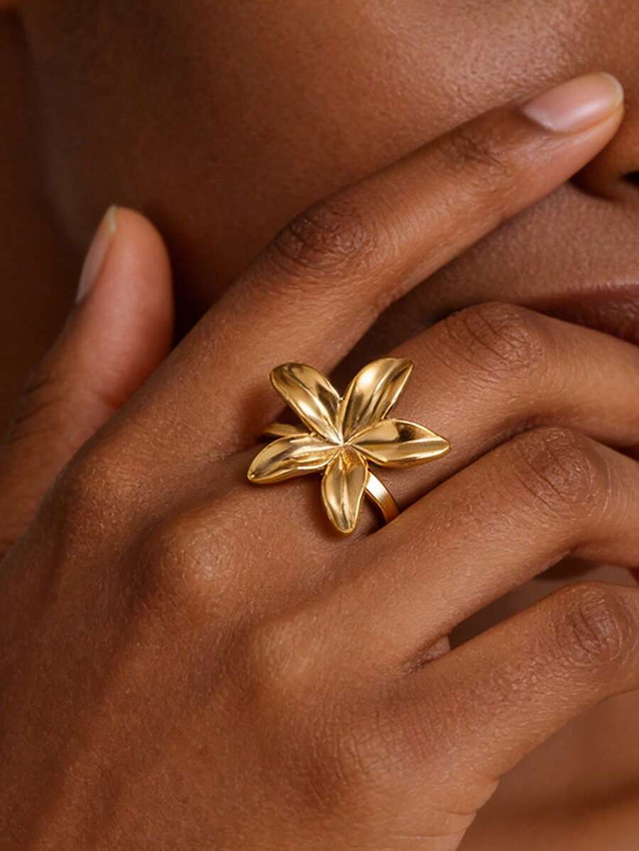 Anillos de flor de acero inoxidable para mujeres y hombres, color dorado vintage, con pétalos abiertos y ajustables, joyería de regalo - JZ9110G - Ver 1