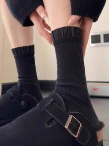 1/3 Pairs Women's Mid-Calf Socks With 3D Pleated Trim, Black & White Striped Ribbed Socks, Versatile Autumn Wear - Multicolor - View 9