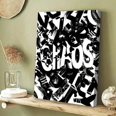 1pc Modern Black And White Chaos Typesetting Wall Art - Black And White Abstract Alphabet With CHAOS Text, Suitable For Home And Office Decoration, 2D Plane, Perfect For Room Decoration Vintage Frameless Wall Arts Posters