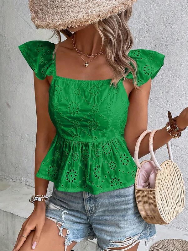 Solid Color Woven Cotton Fabric Embroidered Blouse, Summer Beach Vacation