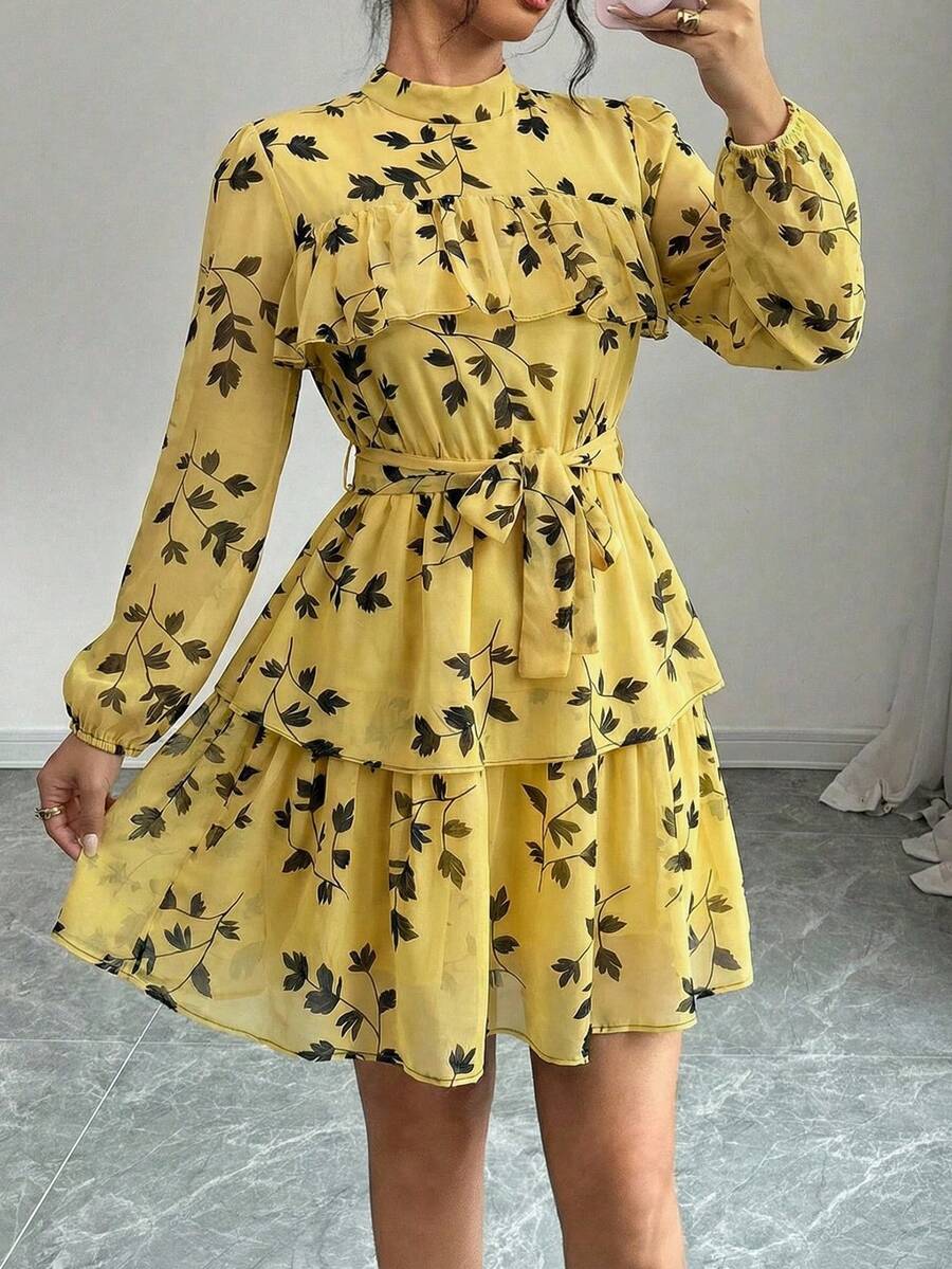 Women's Layered Tiered Short Dress Chiffon A Line Belted Long Sleeve Ruffle Hem Stand Collar Elegant Boho Style - Yellow - View 1