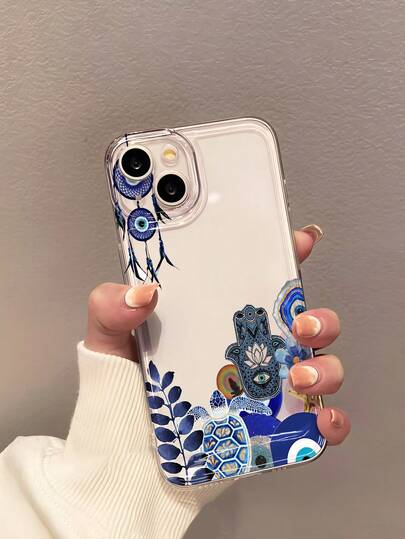 1pc Fashionable Retro Boho Sea Turtle Lucky Eye Pattern Transparent Soft Phone Case, Anti-Slip Anti-Drop Anti-Yellow Lightweight Full Coverage Soft Shell, Suitable Compatible With Apple Phones