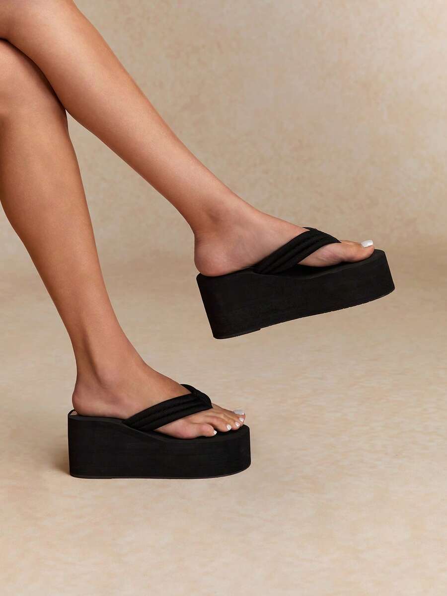 Tropiscape Women's Black Slip-On Sandals With Tpr Sole, Non-Slip, Wear-Resistant, Leisure, Beach, Summer, With Fabric Straps And Wedge Heels - Black - View 1