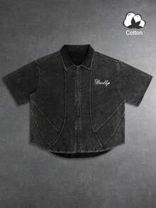 Men's Summer Street Style Printed Washed Black Casual Short Sleeve Shirt - Black - View 2