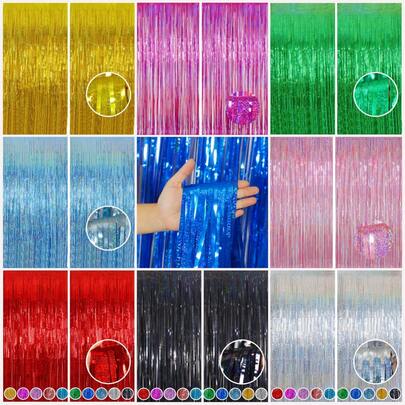 1Pc 3.28 Ft X 6.56 Ft Shiny Corlorful Metallic Tinsel Foil Fringe Curtains Photo Booth Props For Engagement ,Bridal Shower, Bachelorette ,Birthday ,Graduation,Bachelorette Holiday,Mother's Day And Wedding Celebration Party Decorations
