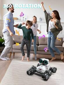 1个儿童遥控机器人玩具，沃利8轮机器人，带特技、灯光、音效、智能跳舞、侧向移动、旋转、摆臂等功能，遥控玩具 - 白色 - 查看 6