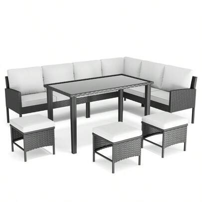 Small Space Patio Furniture 7-Piece Outdoor Furniture Set Backyard Furniture Set Waterproof Seat Cushion Glass Table Space Saving Suitable For Backyard Terrace Or Garden Gray