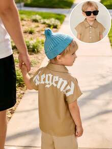 Camisa de manga corta con botones y cuello en color albaricoque con diseño estampado en la espalda, para niño, primavera/verano - Albaricoque - Ver 1