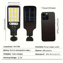 2 piezas Luces solares para exteriores, Conjunto de iluminación de emergencia con panel solar de 108 COB, sensor de movimiento/sensor de luz inteligente, batería recargable, 3 modos de funcionamiento, control remoto, ABS y metal pulido, ángulo ajustable, adecuado para pared, jardín, camino, cerca, linterna de patio - 9 cuadrículas - Ver 9